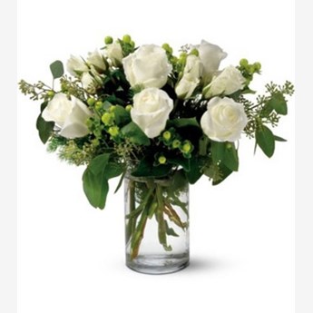 Vase with 10 Stems of White Roses & greens