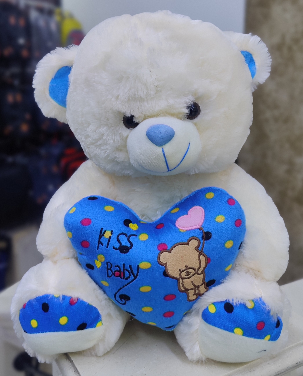 White Teddy With Blue Designed Heart(40cm)