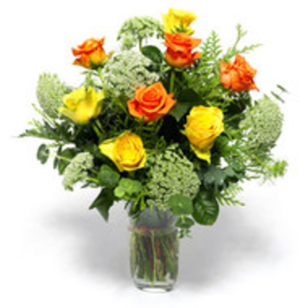 Vase with 10 Stems of Orange & Yellow Roses with Lady Lace