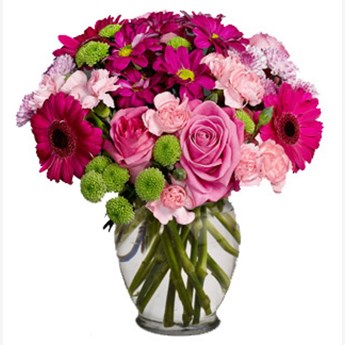 Vase with 6 Pink Roses , 6 Pink Carnations & 6 pink Gerberas