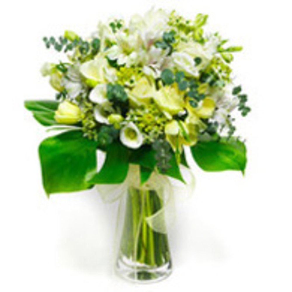Vase with 10 White Cala Lilies , 10 White Roses & 5 White Cyrsanthimums